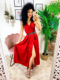 Abito midi raso con maxi spacco rosso
