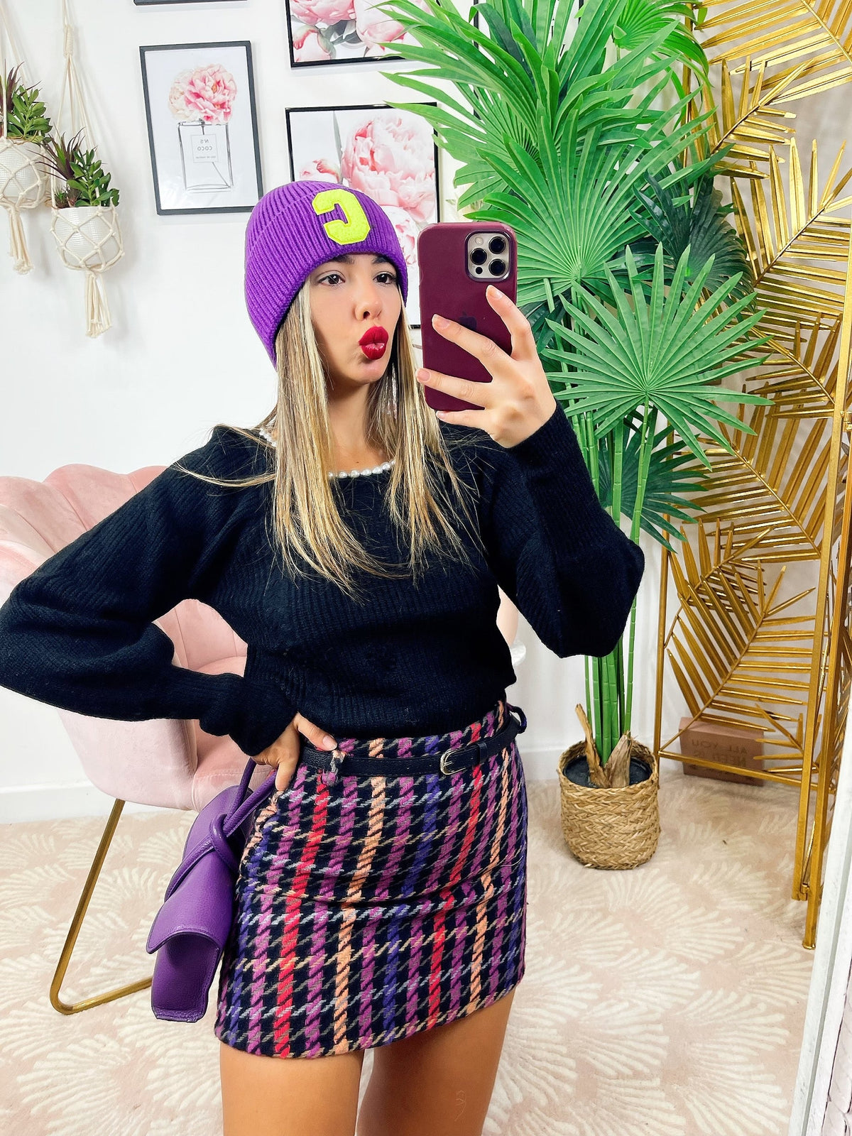 Gonna in tweed con sfumature viola