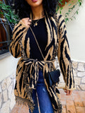 Cardigan Camel/Black con frange e cinta