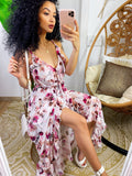 Abito con gonna asimmetrica e fiorellini rosa