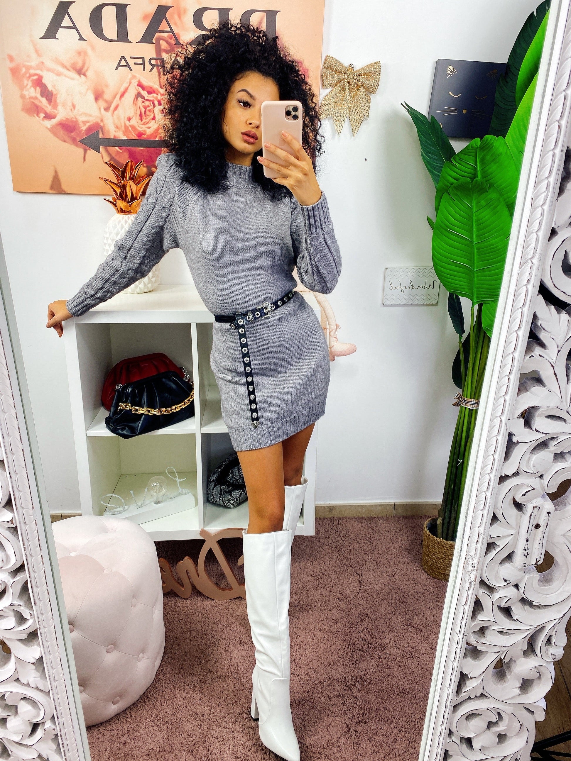 Abito in maglia con trecce e spalline Grigio