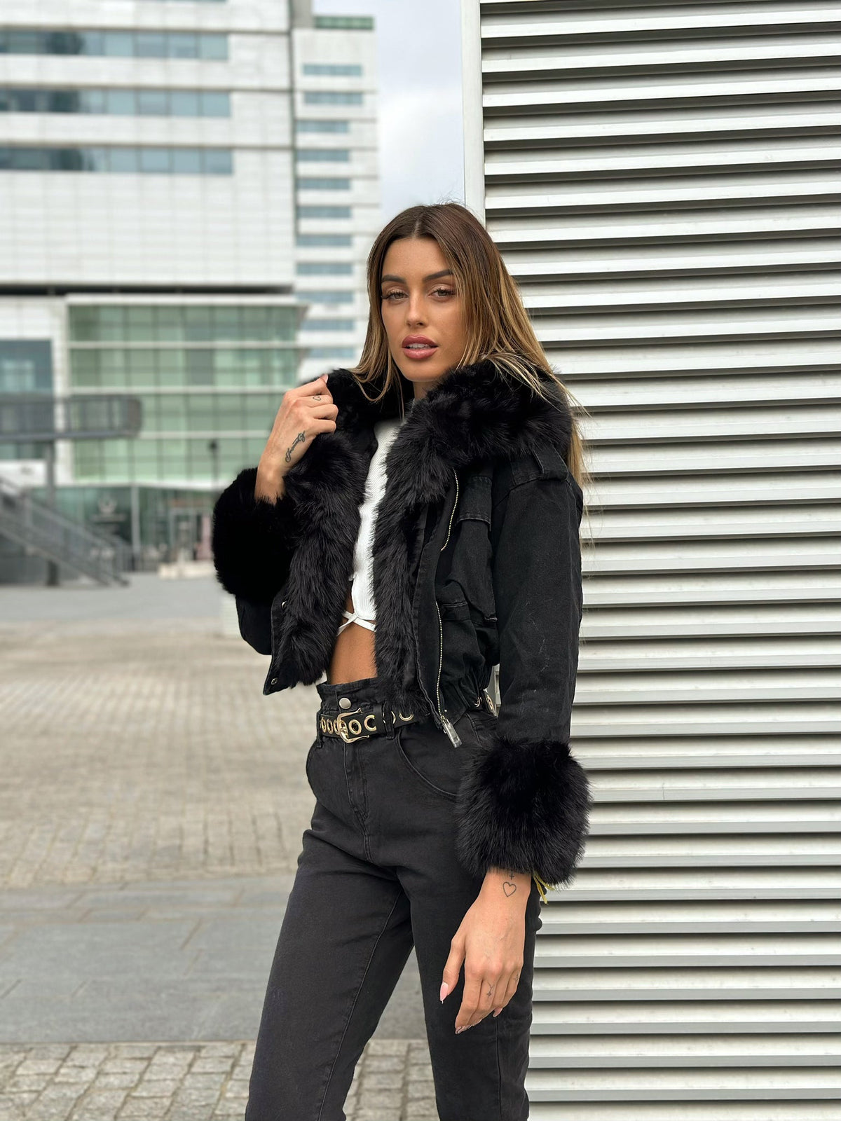 Giaccone di jeans nero pelo nero