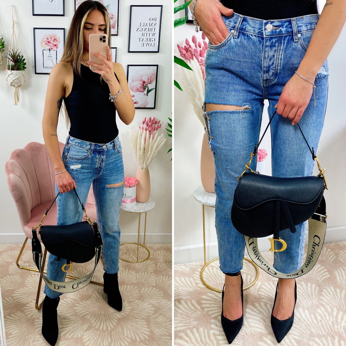 Jeans con spacco e spille