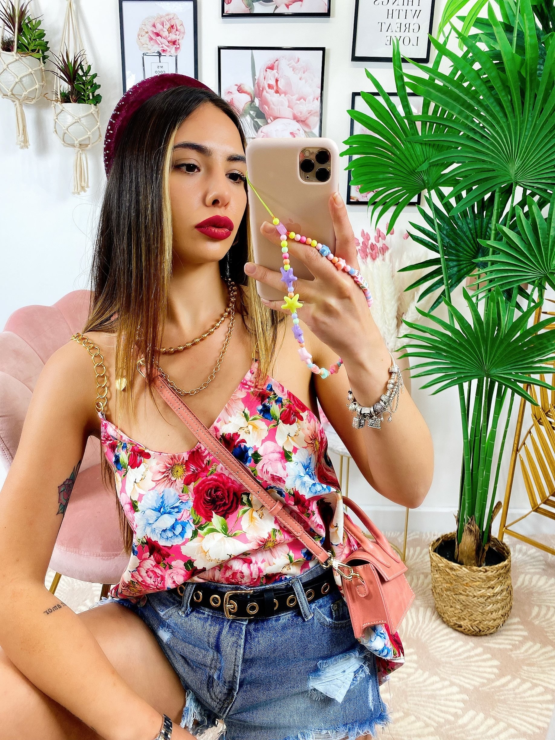 maglia floreale con catena base Rosa