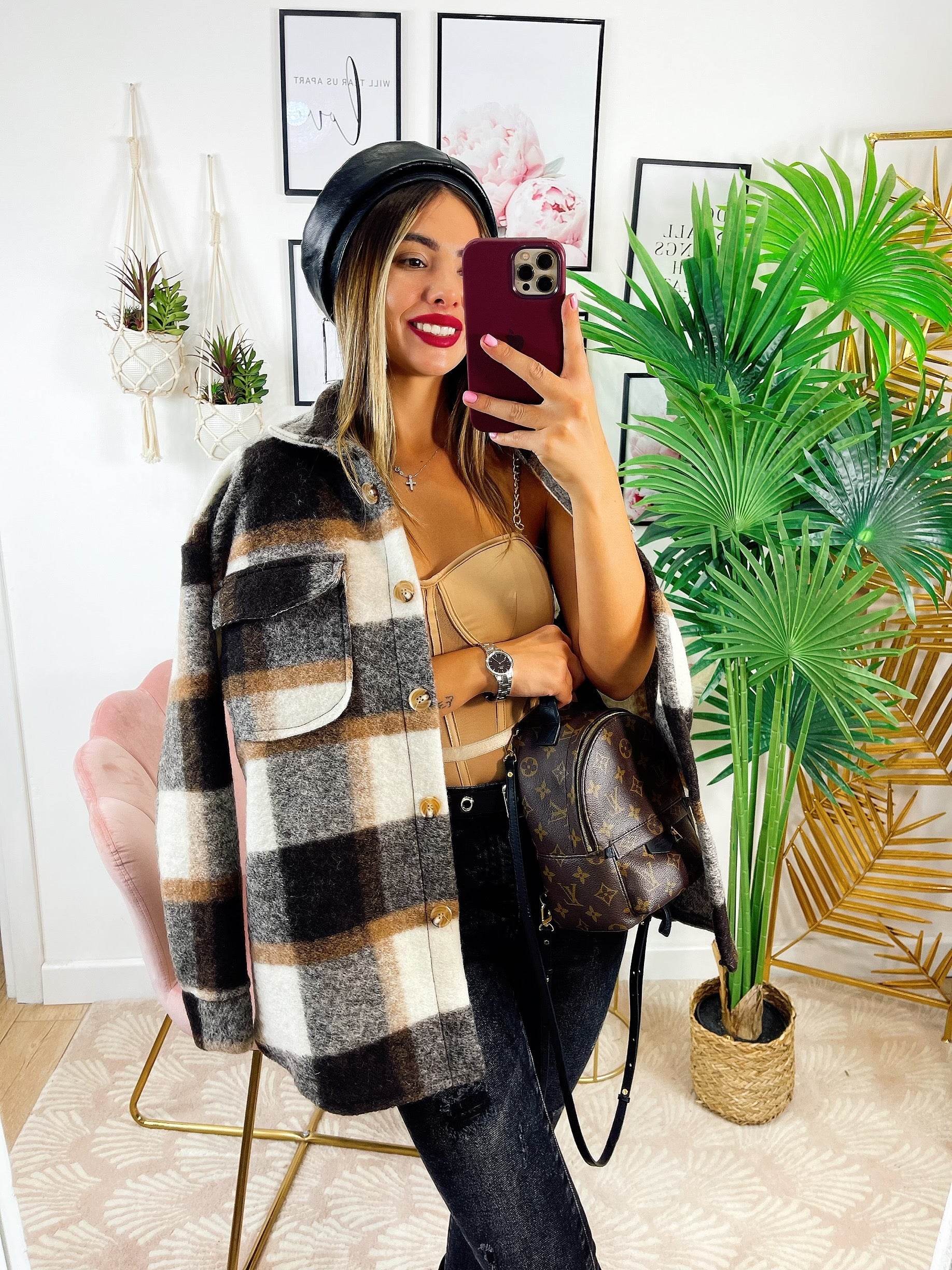 Giacca a quadri dettaglio beige