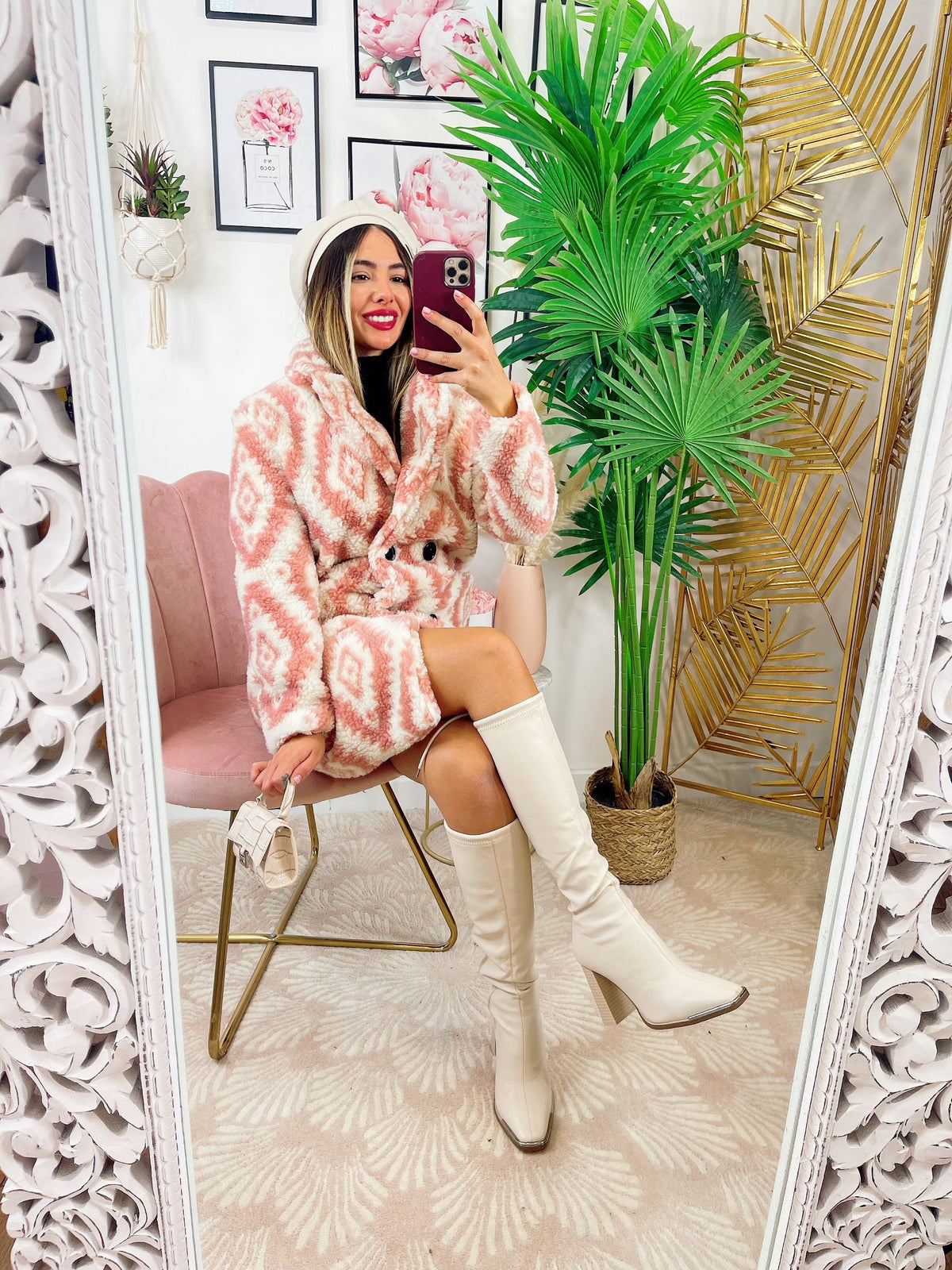 Cappotto Teddy bianco rosa
