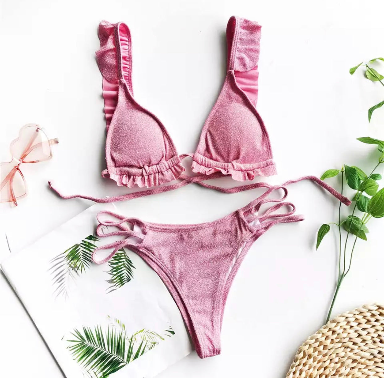 Bikini glitter con voilant Rosa