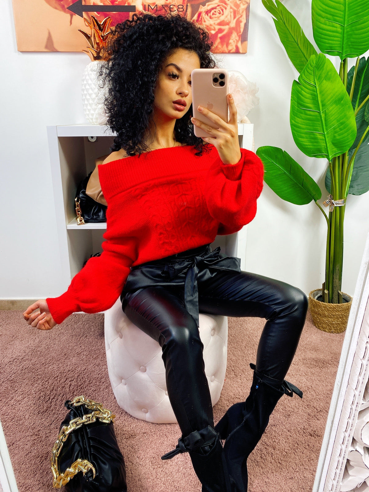 Maglione scollo a barchetta con trecce rosso