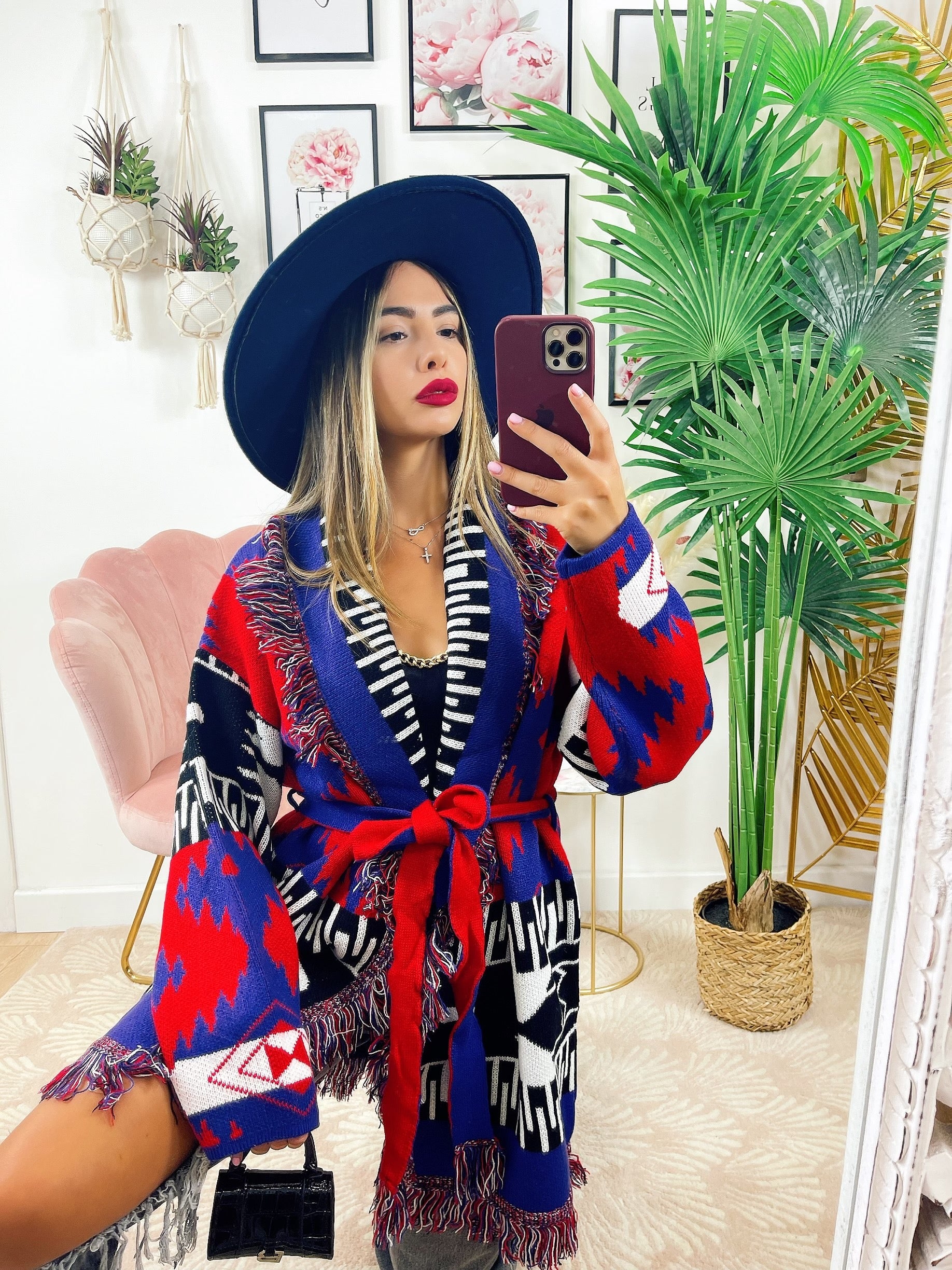 Cardigan con frange rosso blu