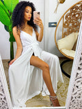 Abito in raso con maxi spacco bianco