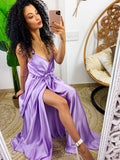 Abito in raso con maxi spacco lilla