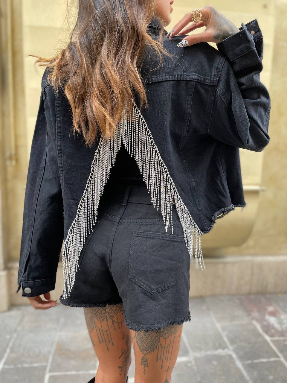 Giacca di jeans nero con frange