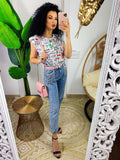 Maglia con spalline bombate e unicorni