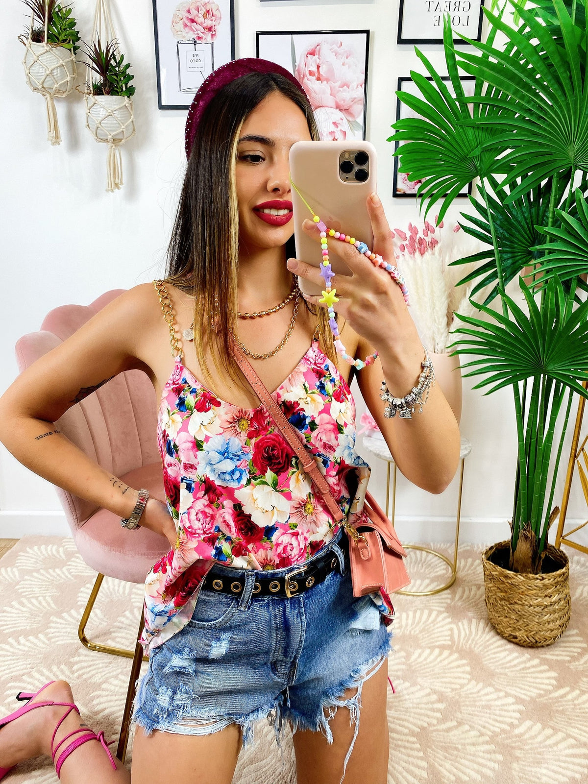 maglia floreale con catena base Rosa