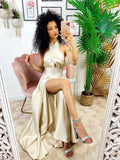 Abito in raso con maxi spacco incrociato beige