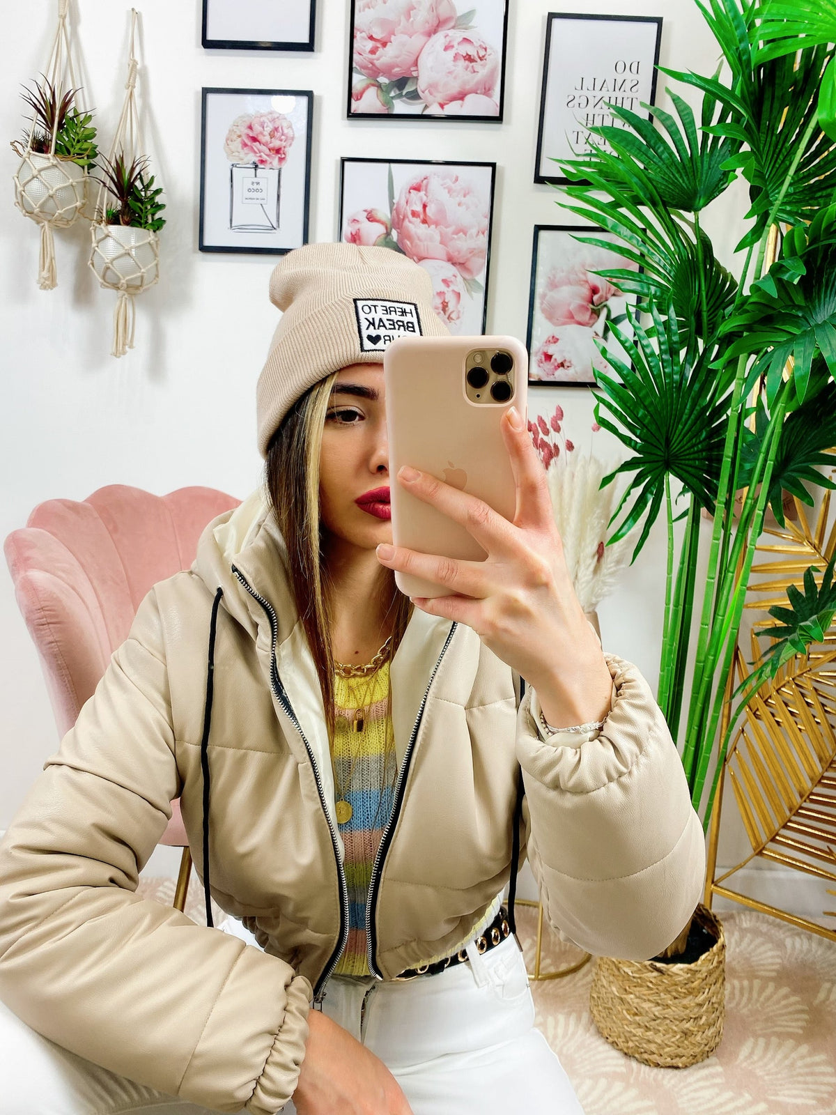 Bomber crop in ecopelle Beige