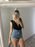 Short in jeans con frange in strass