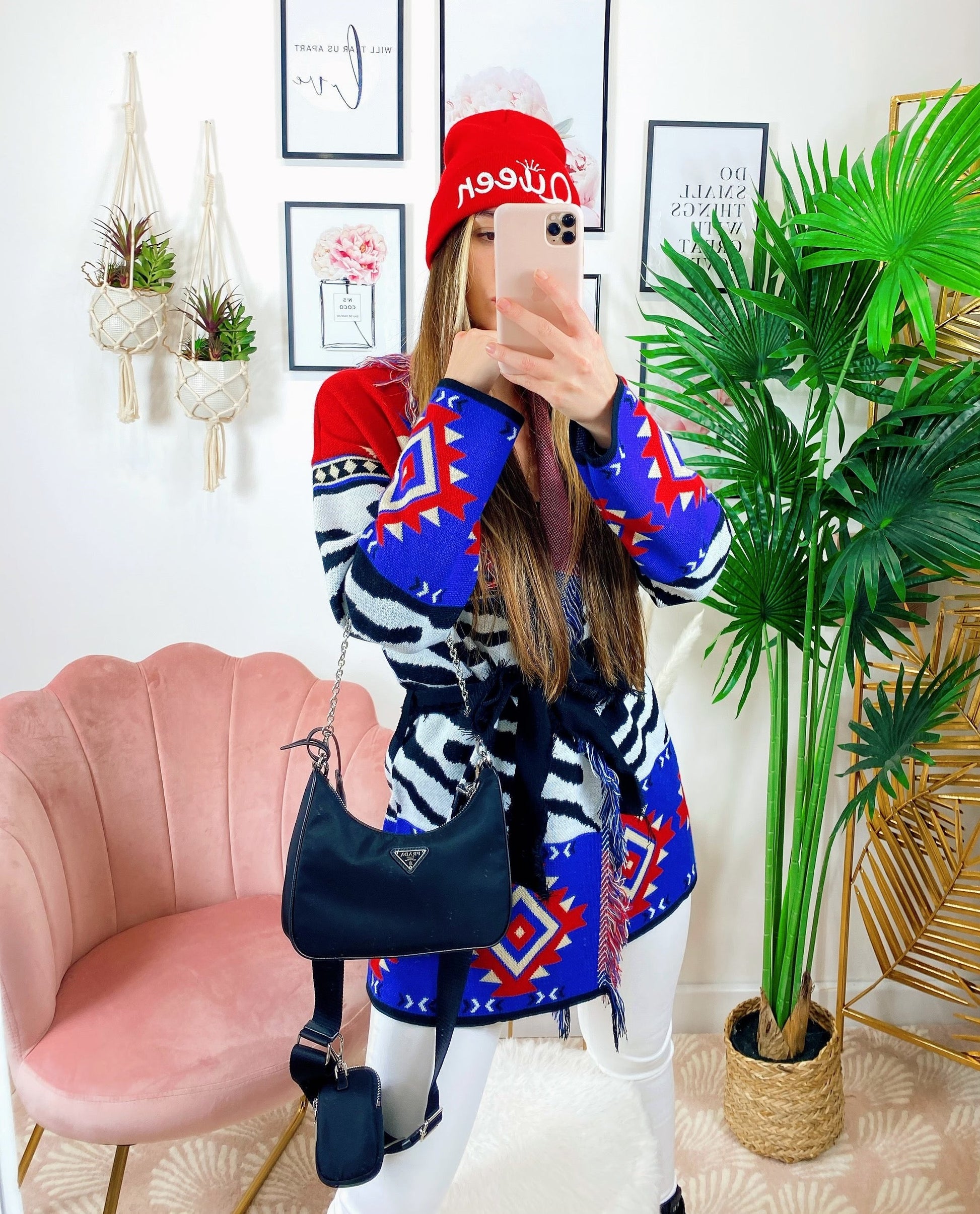 Cardigan con frange e cinta Rosso blu