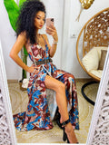 Abito in raso floreale con maxi spacco con foglie