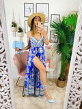 Abito maxi spacco fantasia blu