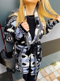 Cardigan Black/Celeste con frange e cinta