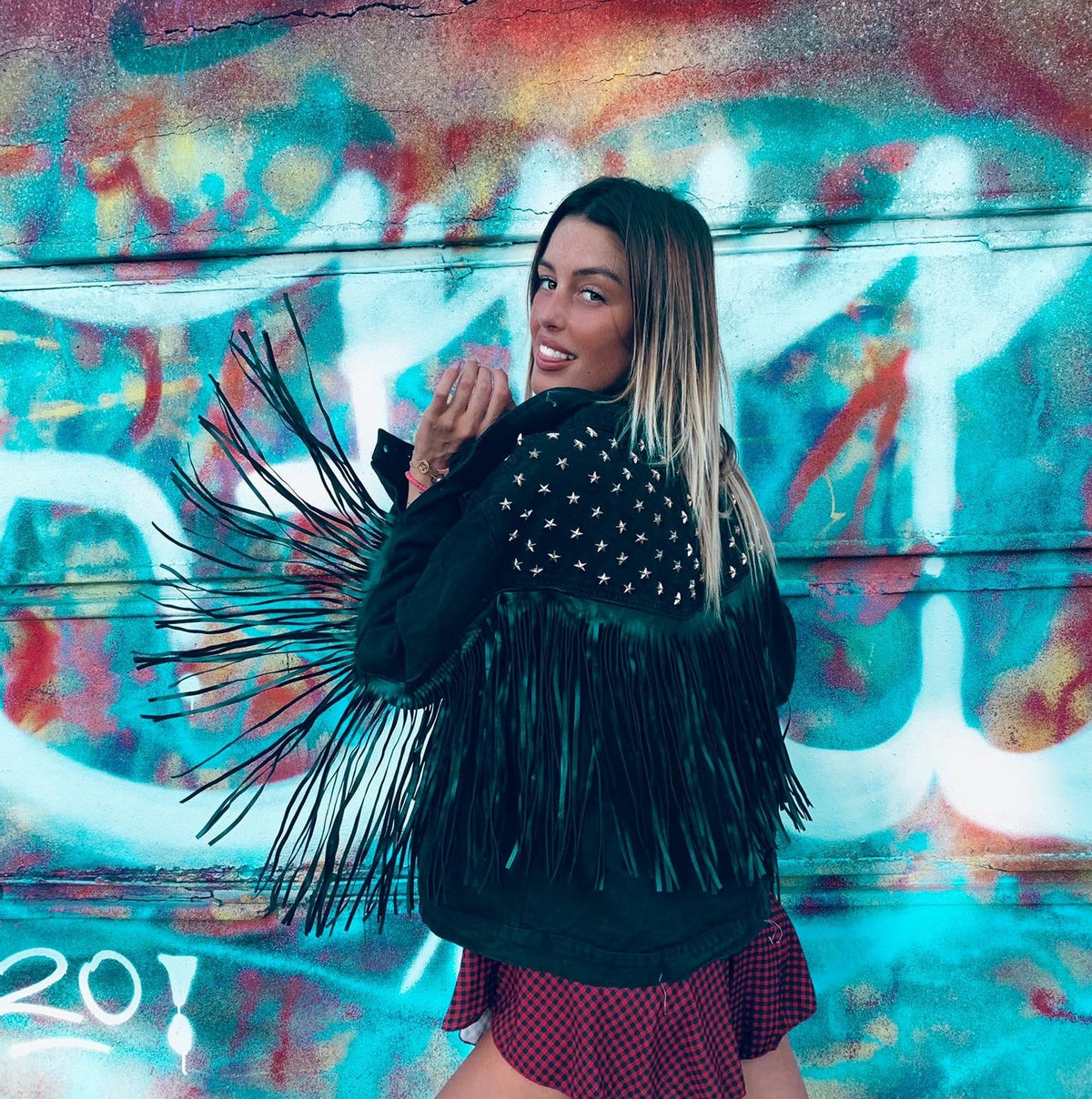 Giaccone di jeans nero con frange