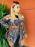 Cardigan Camel con frange e cinta