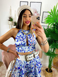 Completo floreale Gonna e top con fiocco dettagli Blu
