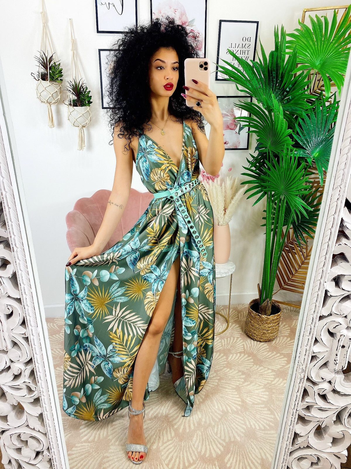 Abito in raso floreale con maxi spacco fiori Verdeacqua