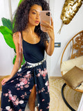 Abito lungo nero con gonna a fiori