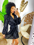 Abito con paillettes manica lunga nero