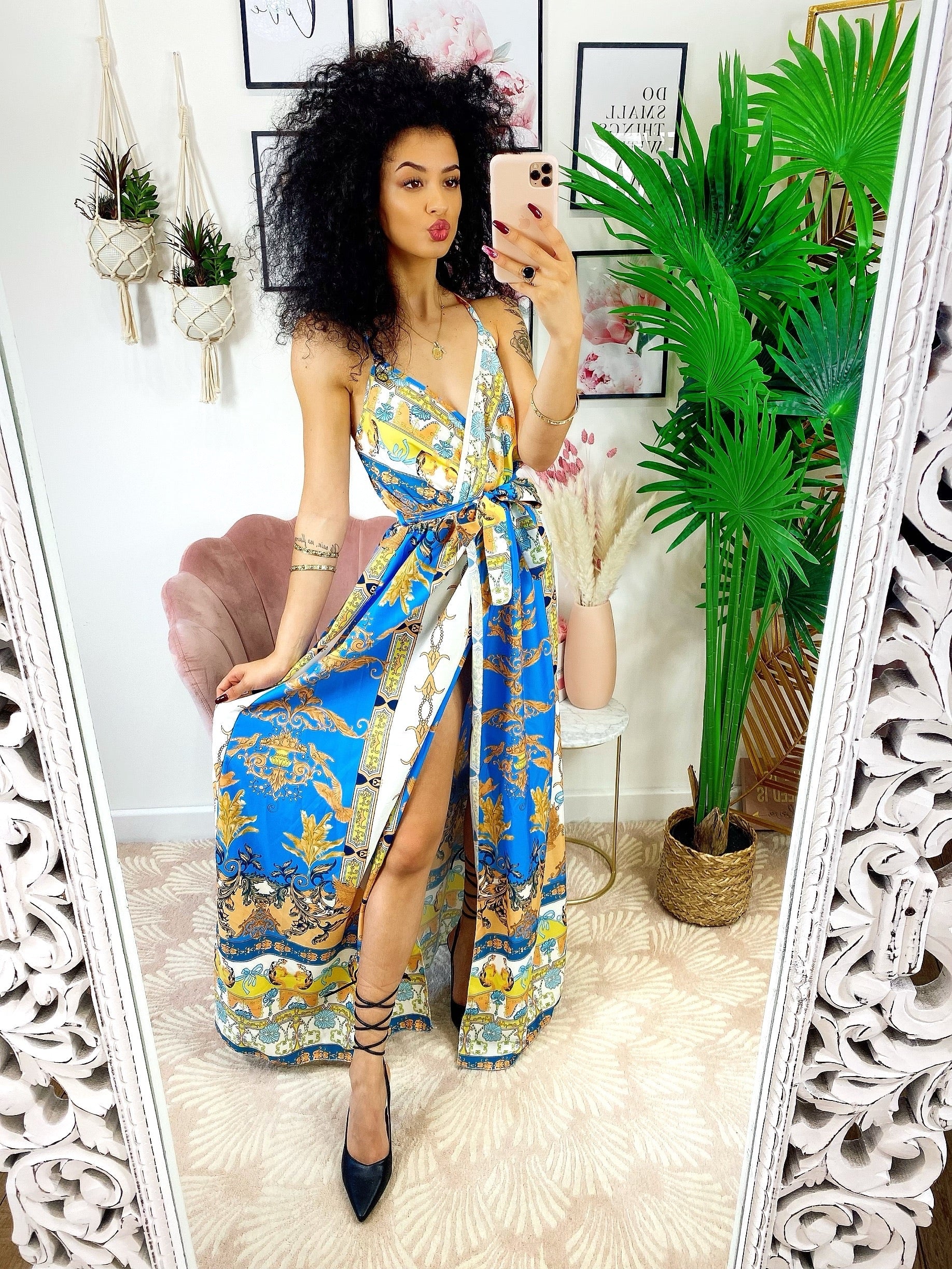 Abito con maxi spacco stampa Azzurro