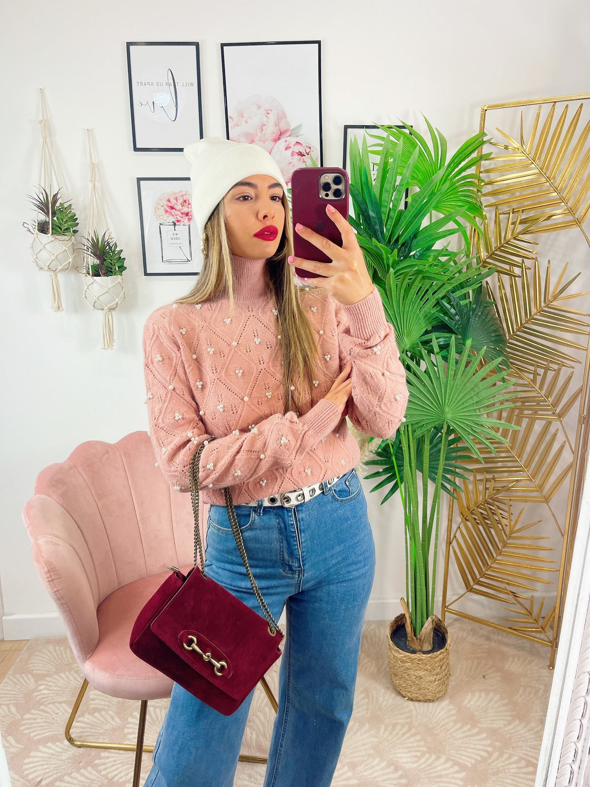 Maglione top quality con perle rosa