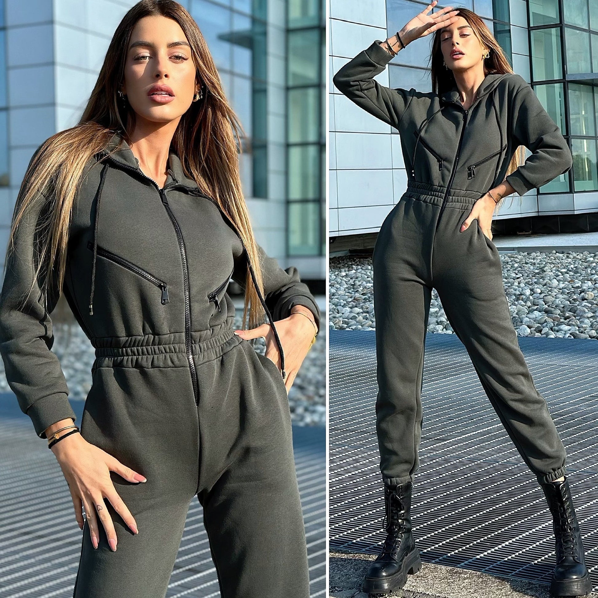 Tuta intera verde militare con zip