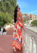 Abito in raso con maxi spacco fiori pesca