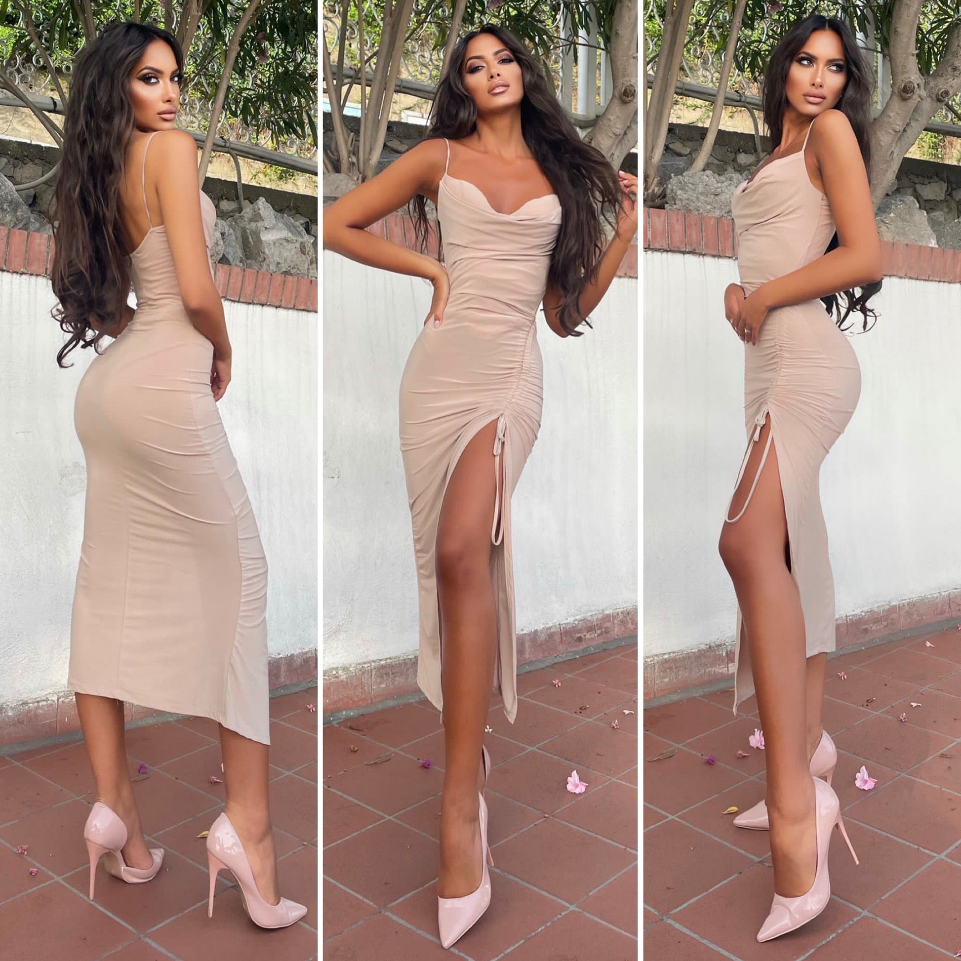 Abito aderente midi beige