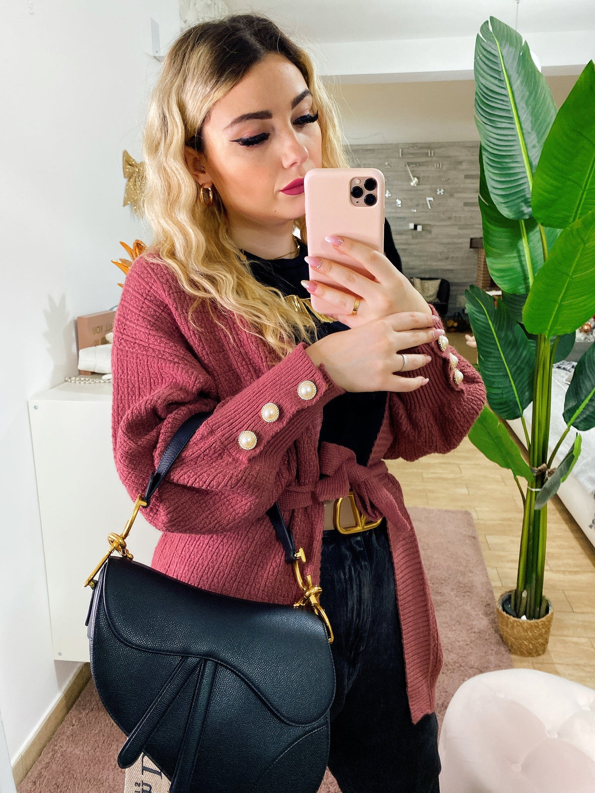 Cardigan manica lunga con perle peonia