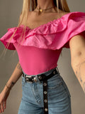 Body scollo a barchetta con Rouches Fuxia