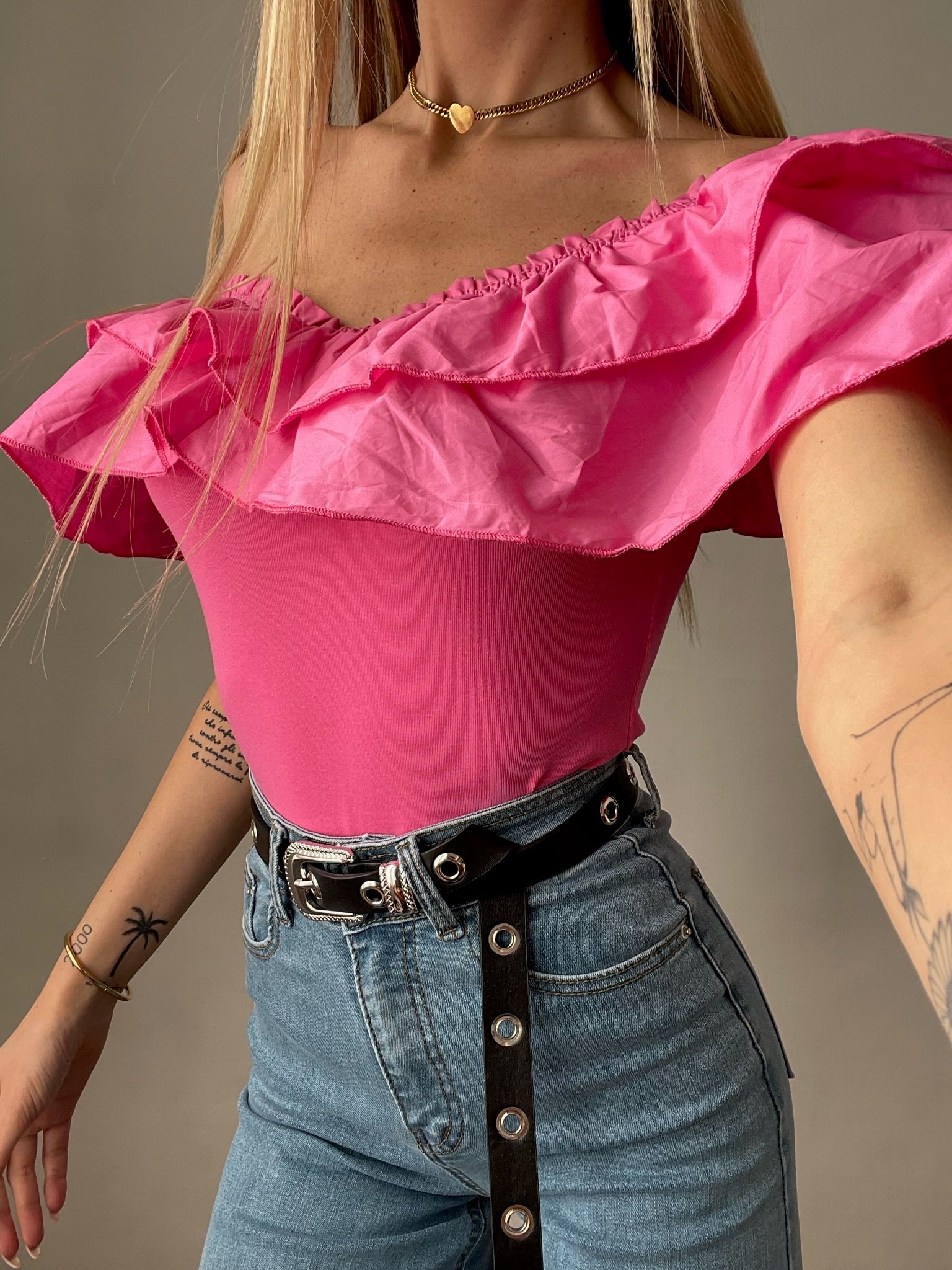 Body scollo a barchetta con Rouches Fuxia