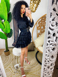 Abito a balze nero con glitter argento