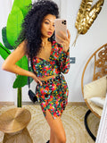 Completo top e gonna con fiori arancio base nera