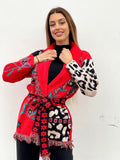 Cardigan con frange e cintura rosso
