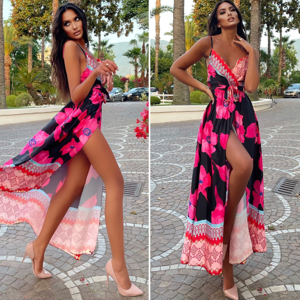 Abito in raso con maxi spacco fiori Fuxia