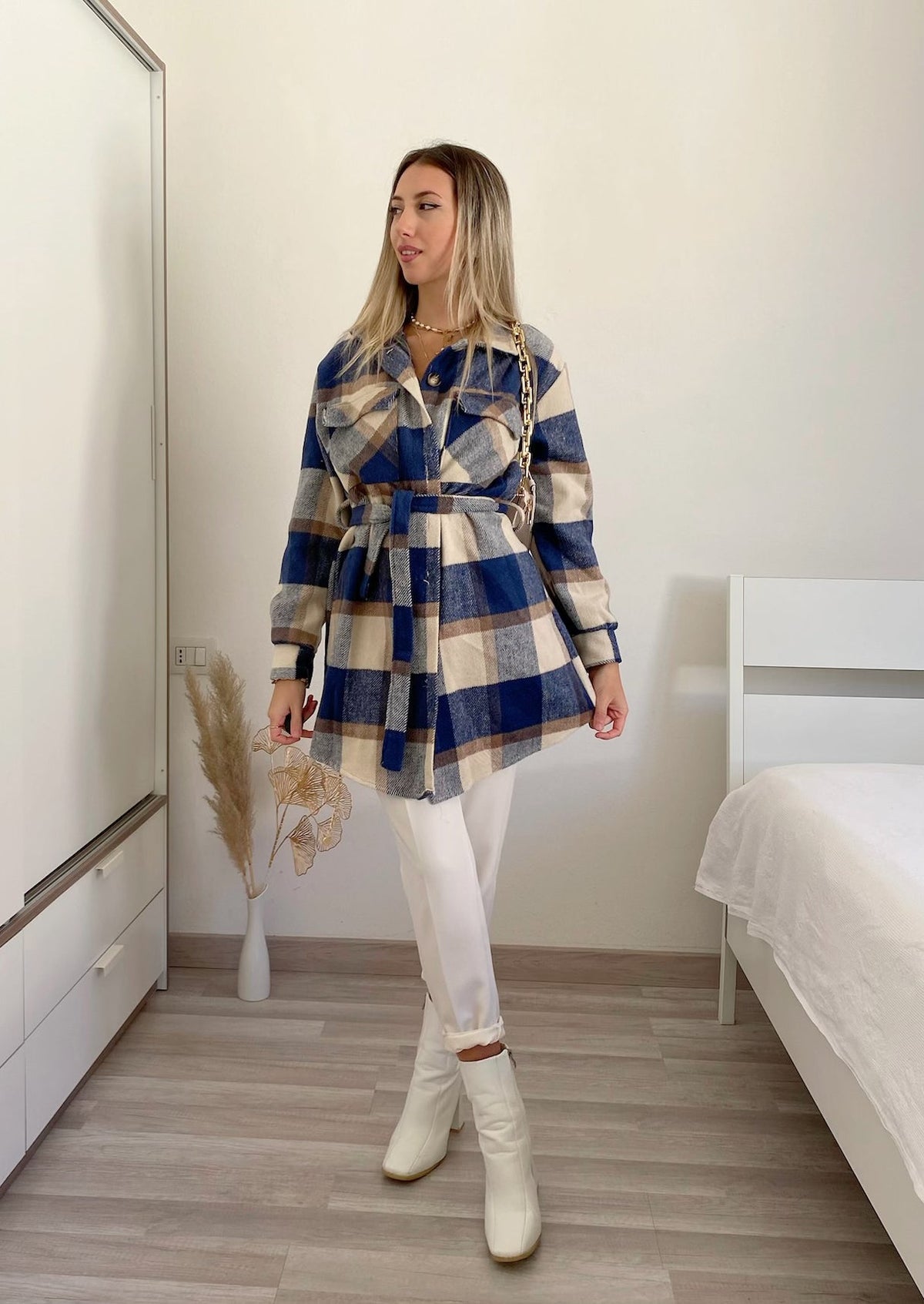 Giacca check nude e blu
