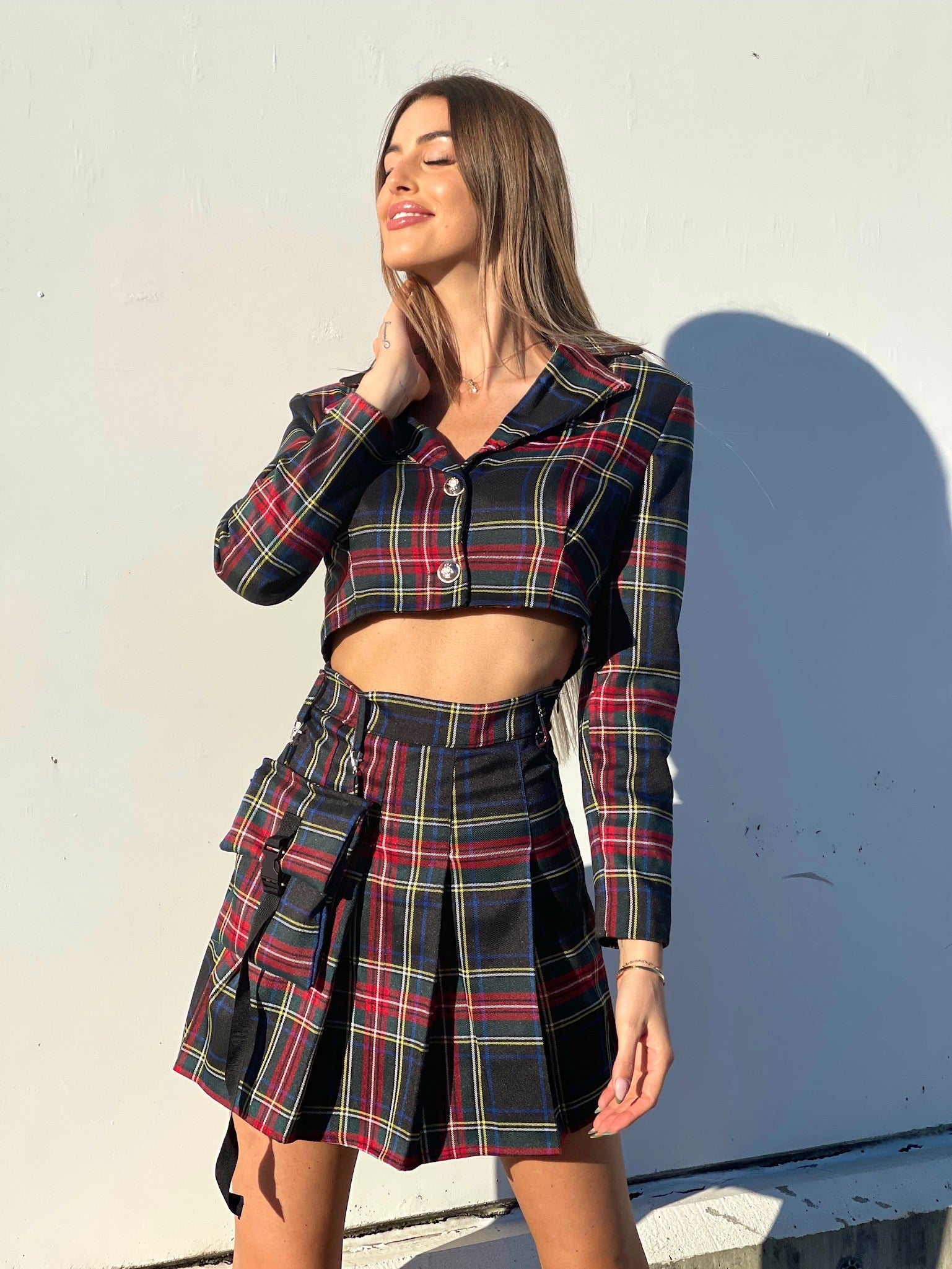Completo giacca corta e gonna scozzese black
