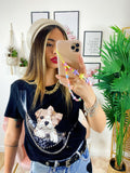 T-Shirt con bulldog e catena Nera