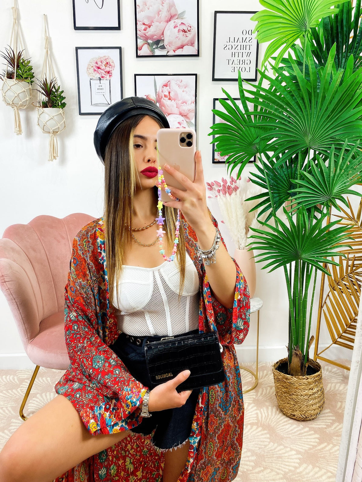 Kimono in seta etnico base Rossa con fiori