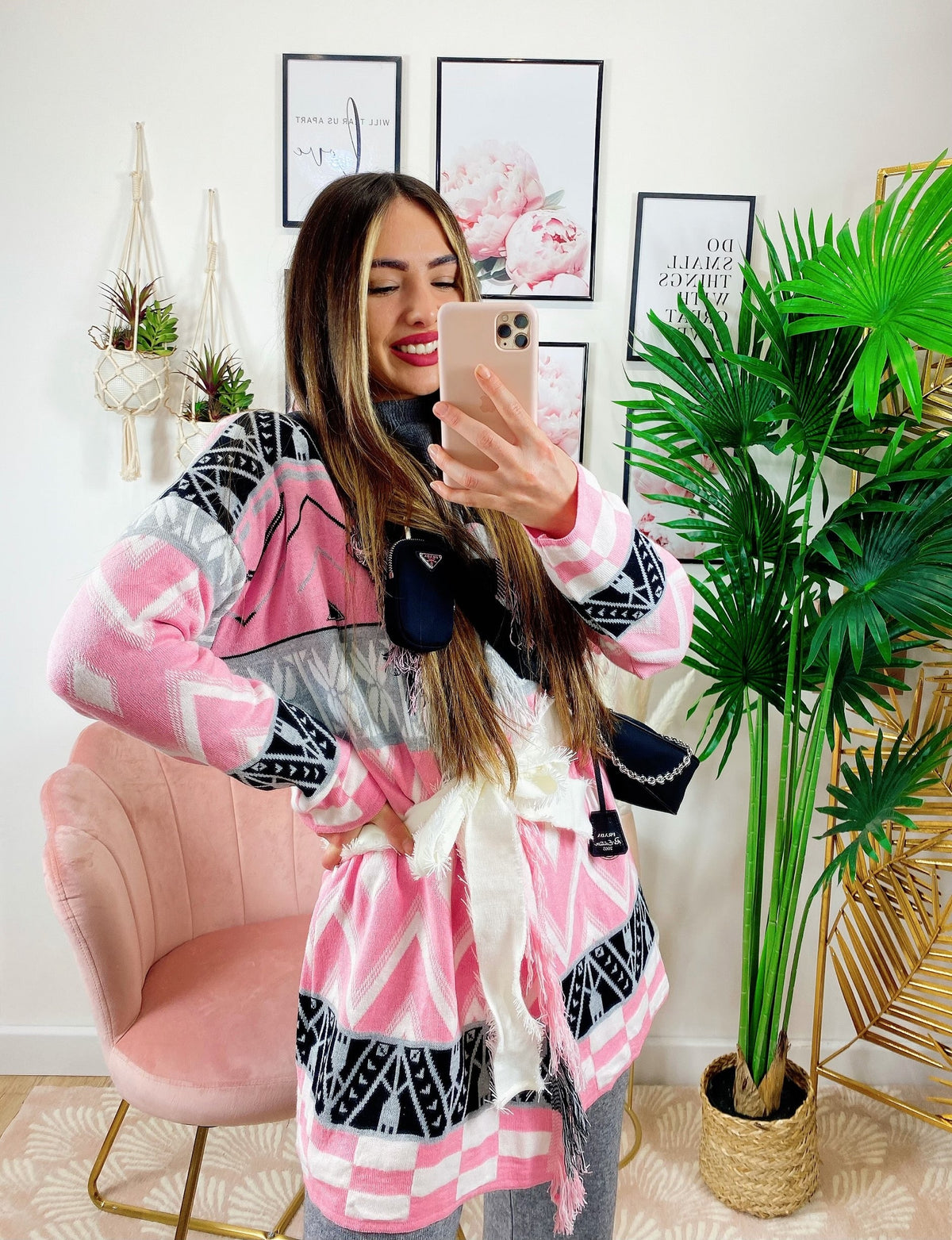 Cardigan con frange e cinta Rosa