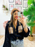 Camicia con tasca ricamata check nera