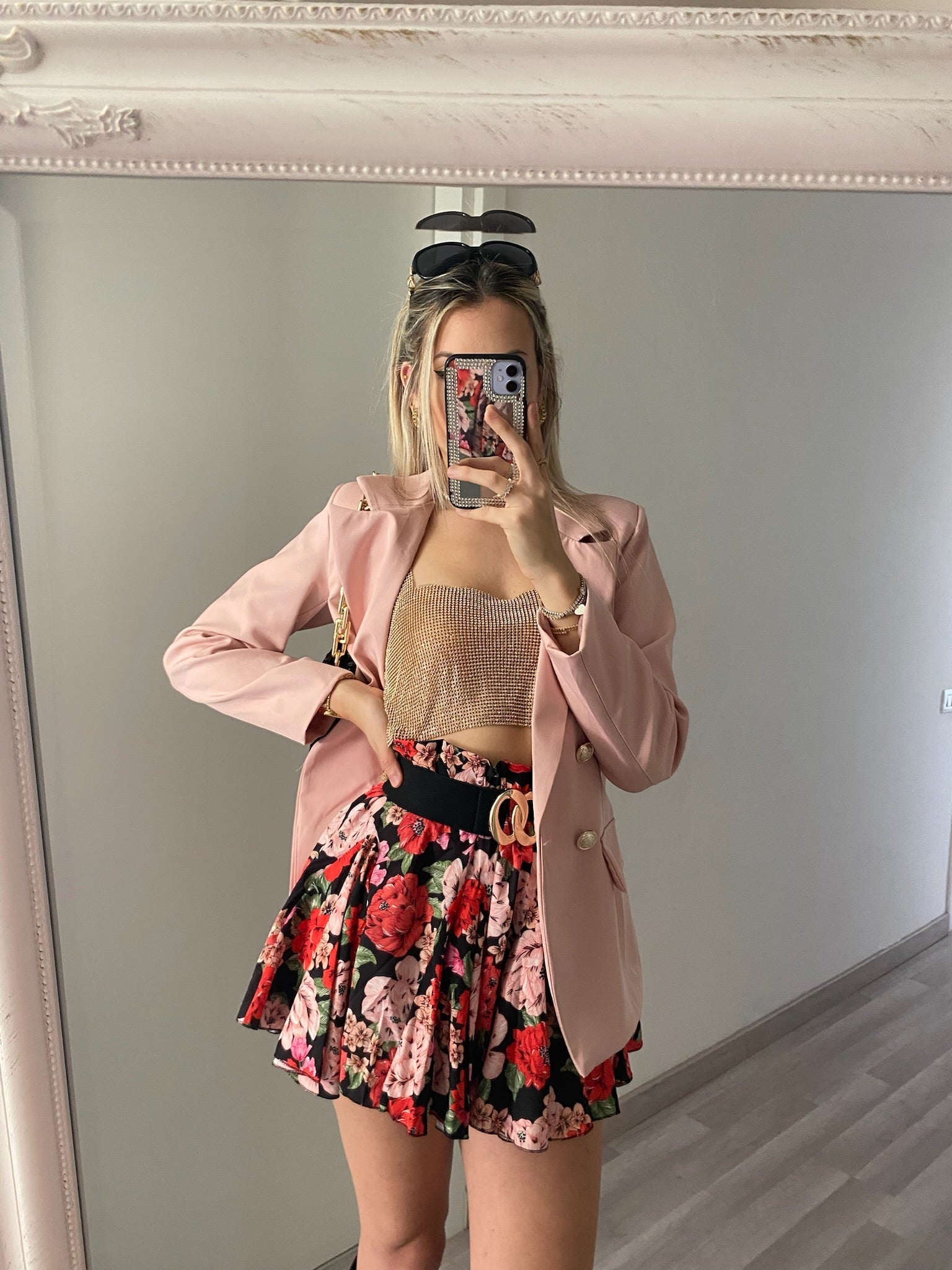 Gonna a ruota a fiori rossi e rosa